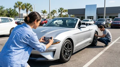 Person taking a picture of a car rental with a smartphone in an Orlando parking lot