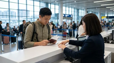 Close-up of a traveler holding an open passport at a car rental counter in New York