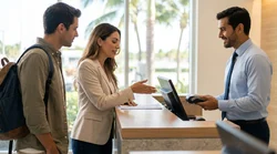 Customer receiving keys from an agent at a Miami car rental counter