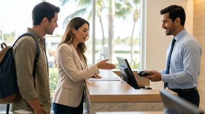 Customer receiving keys from an agent at a Miami car rental counter