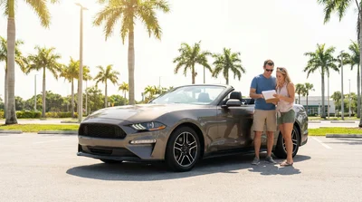 A white car rental parked next to tall palm trees on a sunny coastal highway in Florida