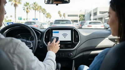 Person setting up a smartphone while standing at a car rental counter in Los Angeles