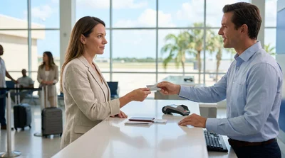 Customer handing a prepaid card to an agent at a Florida car rental desk