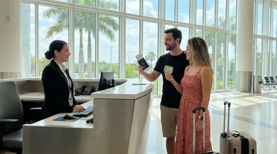 Close-up of hands exchanging a license and keys at a car rental desk in Florida