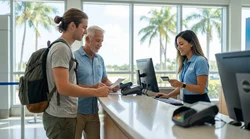 Young adult woman receiving keys from an agent at a Florida car rental counter