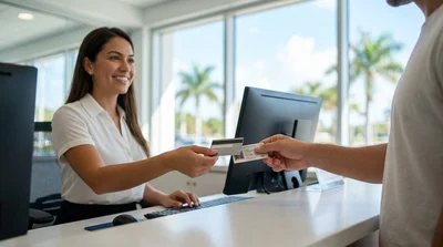 Customer handing a credit card to an agent at a car hire counter with sunny Miami palm trees in the background