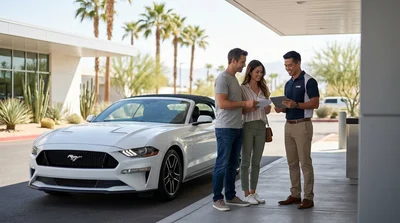 Two people exchanging keys next to a white vehicle at a car rental lot in Las Vegas