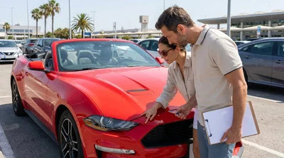 Person pointing at a scratch on the bumper of a car rental in an Orlando parking lot