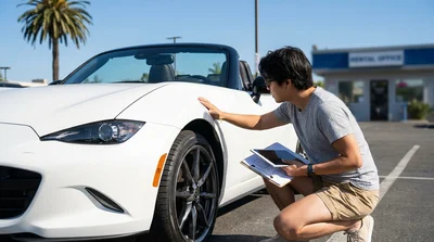 Person holding a clipboard while inspecting a car rental in a sunny California parking lot