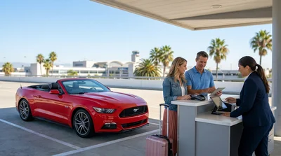 Customer handing a credit card to an agent at a car hire desk in California