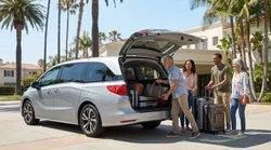 Five people loading suitcases into a spacious SUV car rental on a sunny Los Angeles street