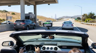 White car rental driving across the Golden Gate Bridge in San Francisco under a blue sky