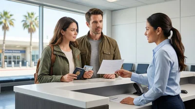 Person handing a driver's license to an agent at a car rental desk in California