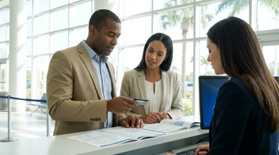 Person holding a credit card and keys at a Florida car hire counter
