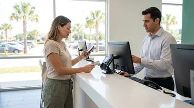 Driver holding a smartphone and physical credit card at a car hire parking lot in Texas