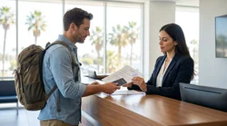 Person showing driving documents to an agent at a car hire desk in California