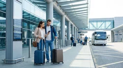 Travelers with luggage boarding a car hire shuttle bus at Philadelphia Airport in Pennsylvania