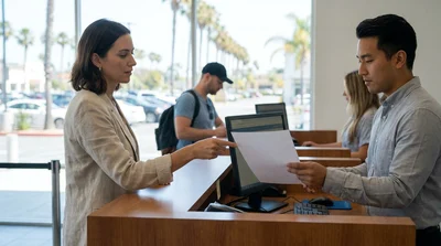 Person handing a paper document to an agent at a car rental counter in California