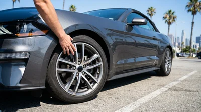 Close-up of a scratched alloy wheel on a white car rental parked in Los Angeles