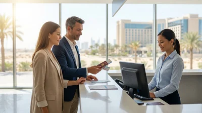 Two people showing driver licenses at a Las Vegas car rental desk