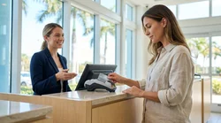 Close up of a credit card being handed to an agent at a car rental desk in Florida
