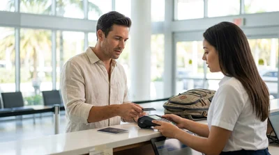 Customer handing a credit card to an agent at a car rental counter in Miami