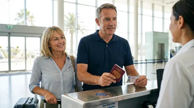 Person handing travel documents to a car rental agent at an Orlando Airport desk