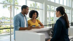 Close-up of a person handing a credit card to a clerk at a car hire desk in Florida