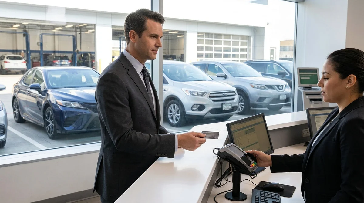 Customer handing a business credit card to an agent at a New York car hire counter
