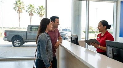 Customer picking up keys from an agent at a car hire desk in Texas