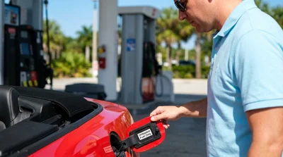 Close up of a fuel nozzle being inserted into a white car rental in Florida