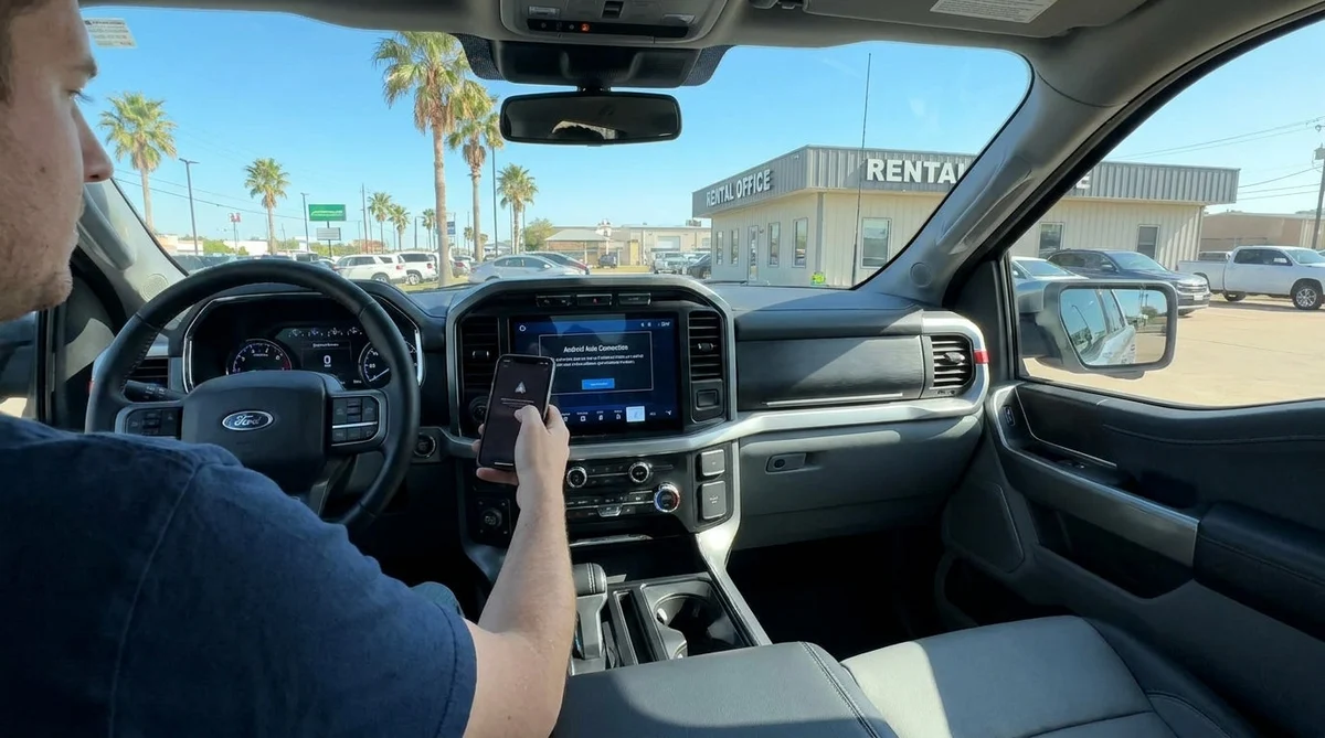 Person touching an infotainment screen while holding a smartphone inside a Texas car rental
