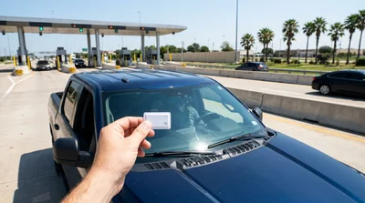 White car rental vehicle driving under an overhead electronic toll gantry on a Texas highway