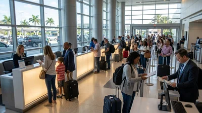 Travelers with luggage checking in at a car rental desk inside Miami airport