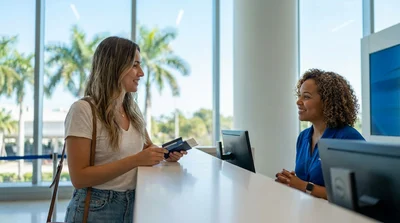Close-up of a person presenting a credit card and documents at a Miami car hire desk