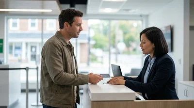 Traveler handing a credit card to an agent at a car rental counter in Pennsylvania
