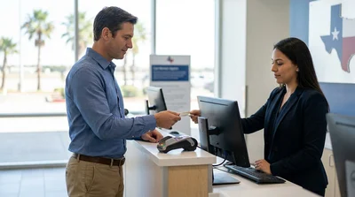 Close-up of a customer handing a credit card to a clerk at a car hire desk in Texas