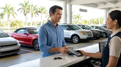 Close-up of a person handing a credit card to a car hire agent at a desk in Las Vegas