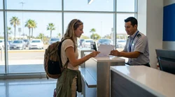 Person presenting a driving licence to an agent at a car rental desk in California