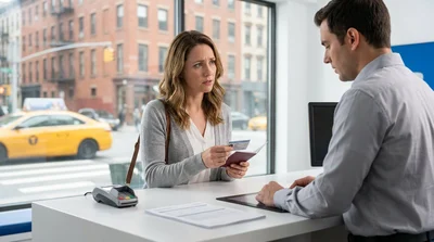 Customer handing a driving license to an agent at a car rental desk in New York