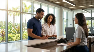 Customer receiving keys from an agent at a bright Orlando car hire counter