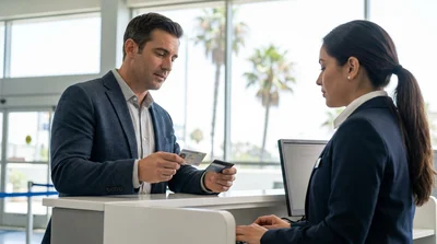 Customer receiving keys from an agent at a car rental counter in Los Angeles