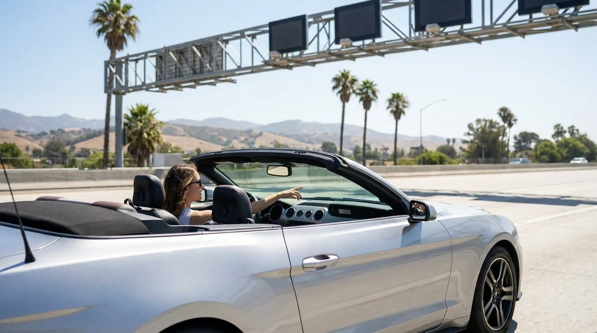 White car rental driving on a bright California highway passing an overhead toll road sign