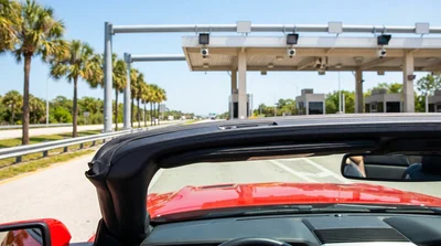 A white car rental driving through an electronic toll plaza on a sunny highway in Florida