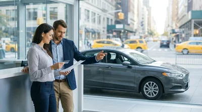 A person driving a car rental across a bridge with the New York skyline in the background