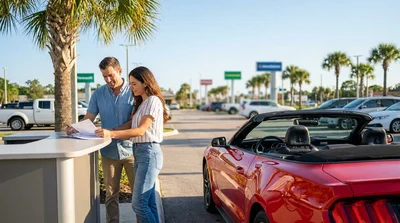 Two people exchanging keys across the front seats of a car rental in sunny Florida