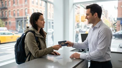Customer handing a passport to a clerk at a New York car rental desk