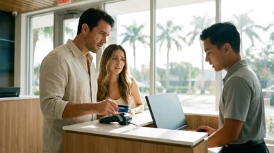 Customer handing a credit card to a car hire agent at a pick-up desk in Miami