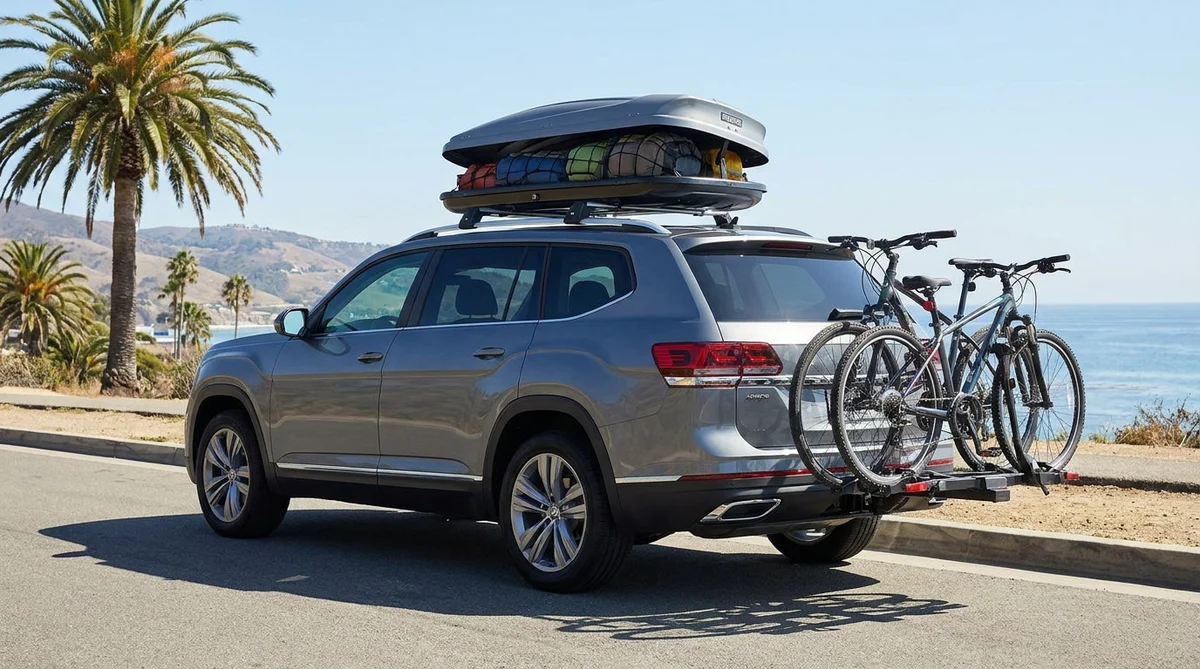 White SUV car rental with a loaded bike rack parked along a scenic coastal highway in California
