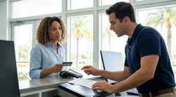 Close-up of a person handing a credit card to an agent at a Florida car hire counter